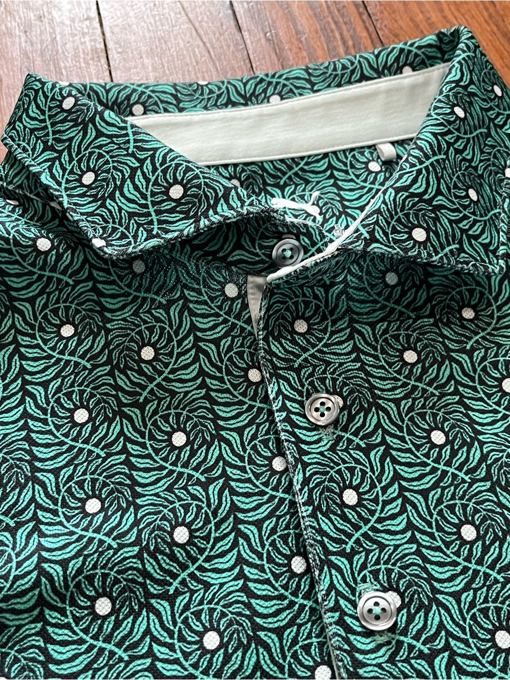 Puma Men's Teal and Black Swirl Print Button-Down Golf Performance Shirt